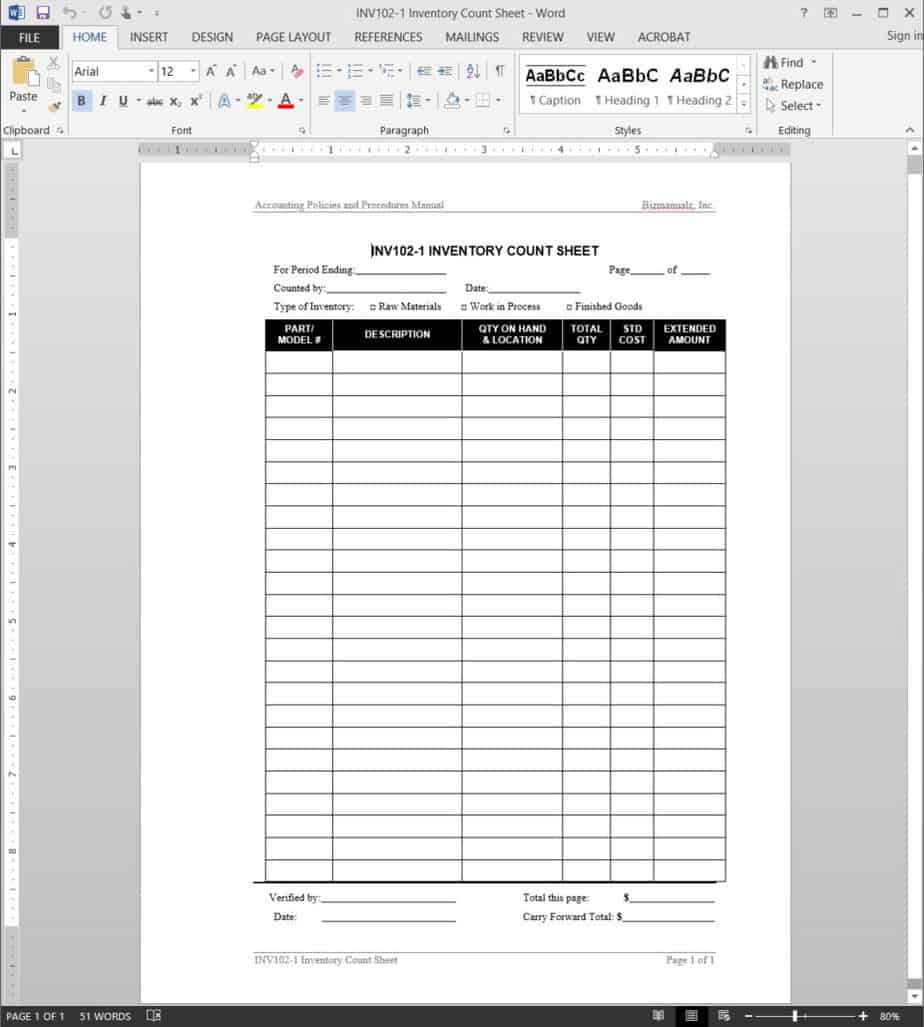 Inventory Count Sheets