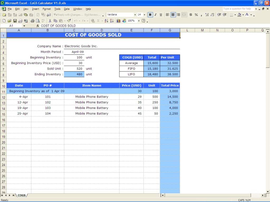 4 Cost Of Goods Sold Templates Excel Xlts