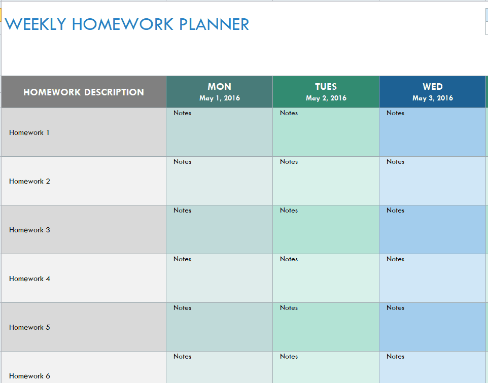 homework planner excel